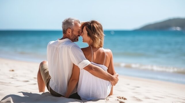 Couple enjoying romantic moment on beach. Generative AI.