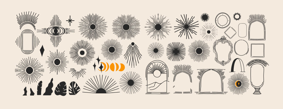 Hand drawn vector abstract graphic illustrations set with logo elements collection magic crescent,moon phases,line arch leaves silhouettes isolated. Astrology moon and star design concept drawing.