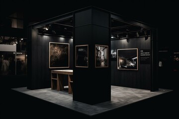 Empty black expo booth on dark bg. Generative AI