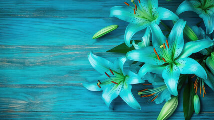 Blue lily flowers and leaf Border surrounding on a Blue turqouise rustic Wooden Tabletop, Highlighting the Soft and Selective Elements of Flower Border Art. Generative ai