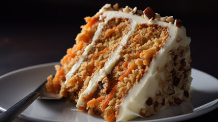 Carrot cake: A cake made with grated carrots, spices such as cinnamon and nutmeg, and often topped with cream cheese frosting. Generative AI Art Illustration