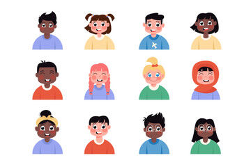 Flat style child avatars of happy children of international girls and boys