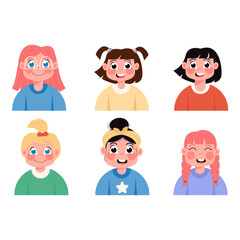 Child avatars of happy girls in flat style