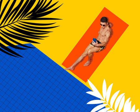 Online life. One handsome muscular man wearing swimsuit and sunglasses lying on sunbed and taking selfie over swimming pool background. Concept of traveling, vacation, social networks, summer, party