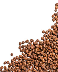 Coffee beans on transparent background. Top view of coffee beans. Copy space for text