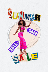 Creative graphics collage image of sexy glamour lady enjoying summer sale isolated white color background