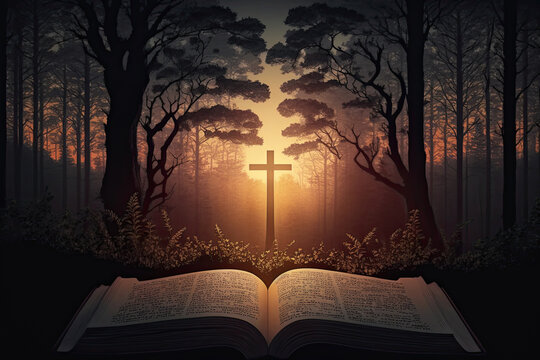 The Holy Bible and the cross of Jesus Christ symbolize death and resurrection love. Sunset in the forest. Generative AI