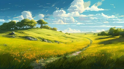 A vibrant painting of a field of yellow flowers set against a rushing sky of clouds - created with AI generative art