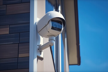 CCTV video surveillance equipment on building wall. Ai generated.