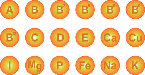 Set of Multi Vitamin complex icons collection. Vitamin complex and essential vitamins. Nutrition sign. Medicine advertising.Healthy life concept