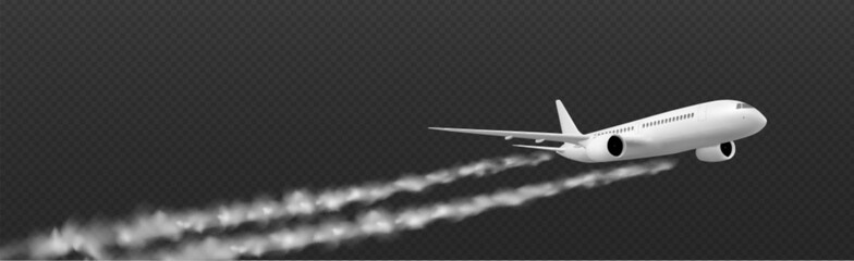 White plane condensation trail with smoke cloud vector isolated on transparent background. Airplane flight speed line vapour effect. 3d aviation tail track path performance. Straight exhaust stream © klyaksun