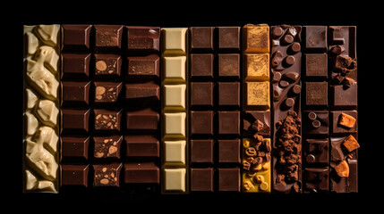 Various types of dark, milk chocolate with nuts, raisins in a row, black background. AI generated.