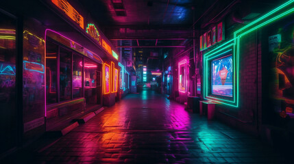 Creative, original, futuristic places, with neon lights and lots of color contrasts. Shapes, figures and futuristic, alternative and suburban decoration. Spaces for artists. Image generated by AI.