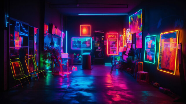 Creative, original, futuristic places, with neon lights and lots of color contrasts. Shapes, figures and futuristic, alternative and suburban decoration. Spaces for artists. Image generated by AI.