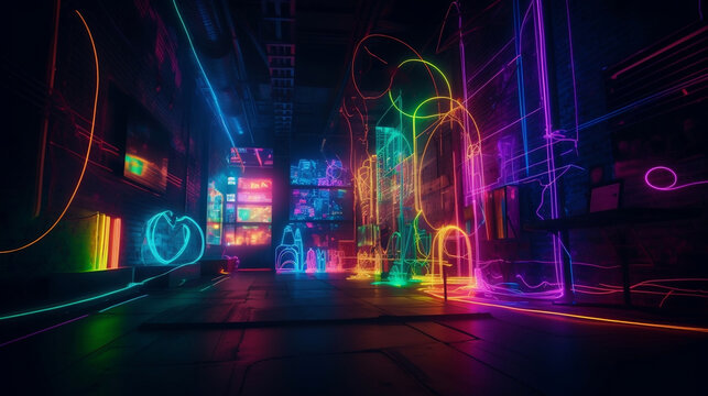 Creative, original, futuristic places, with neon lights and lots of color contrasts. Shapes, figures and futuristic, alternative and suburban decoration. Spaces for artists. Image generated by AI.