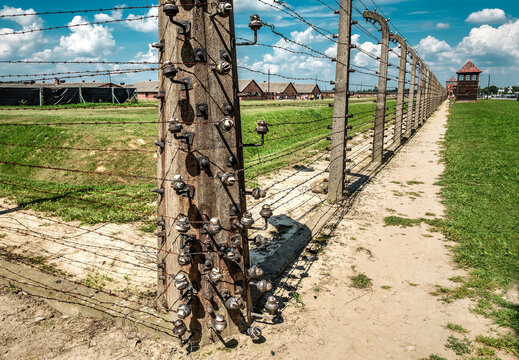 Auschwitz-Birkenau concentration camp in occupied Poland during World War II and the Holocaust. Barbed Wire