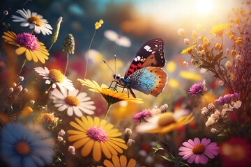 Madagascar sunset moth (Chrysiridia rhipheus), butterfly close-up on wildflowers. AI generated.