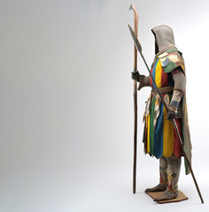 Warrior, medieval spearman in armor. White background, isolate. AI generated.