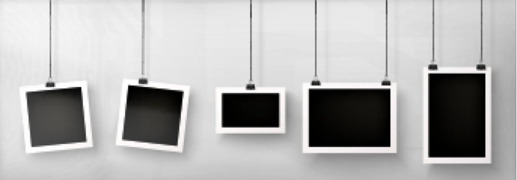 Photo frame with paper clip hang on wall background collage. Memory blank instant picture mockup on rope collection with shadow. 3d realistic isolated camera snapshot garland with binder exhibition.