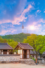  Namsangol Hanok Village and Seoul Tower in Autumn Seoul South Korea