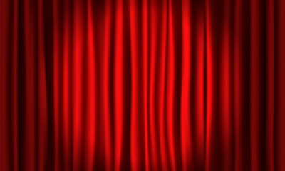 Red curtain illuminated by spotlight. Closed velvet drapes. Vector illustration.