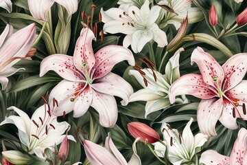 Seamless watercolor pattern featuring white and pink tropical lilies. Generative AI