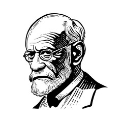 Sigmund Freud - father of psychoanalysis, portrait. Ego, superego, libido, sexuality. Vector illustration, engraving