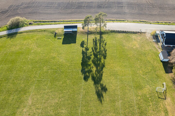 Aerial view of the fields, football pitch. Agriculture, sunny day. Amazing nature environment,...
