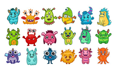 Fototapeta premium Big set of cartoon monsters. Cute monsters. Kids funny character design for posters, cards., magazins. Vector illustration