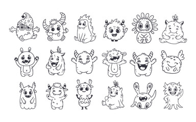 Fototapeta premium Big set of cartoon monsters. Cute monsters doodle. Kids funny character design for posters, cards, magazins. Line. Vector illustration