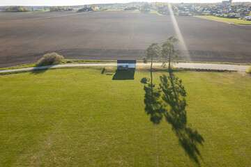 Aerial view of the fields, football pitch. Agriculture, sunny day. Amazing nature environment,...