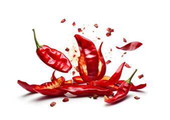 Sliced falling bursting red hot chili peppers isolated on white background