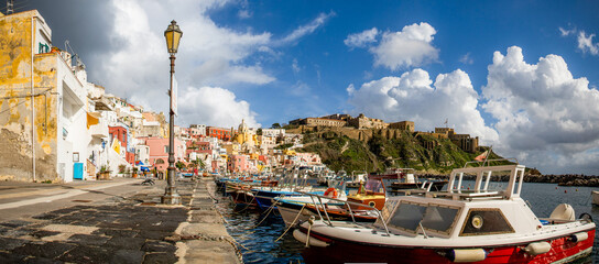 beautiful italian island procida famous for its colorful marina, tiny narrow streets and many...