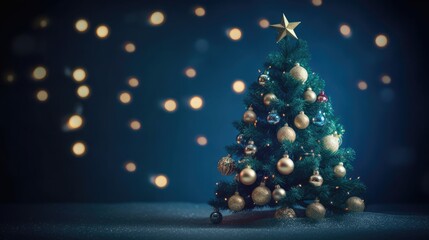 Blue. Close up of christmas balls andchristmas tree. Bokeh garlands on blurred background. Christmas tree and Christmas decorations. Generative ai