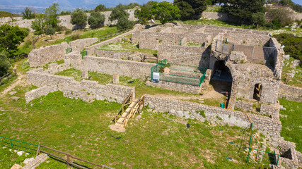 Aerial view of the temple of Jupiter Anxur located on the Sant'Angelo mount, in Terracina, in the province of Latina, Italy. It's an ancient Roman temple built on an imposing substructure. © Stefano Tammaro