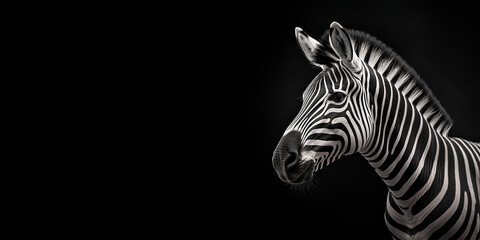Black and white photorealistic studio portrait of a Zebra on black background. Generative AI illustration