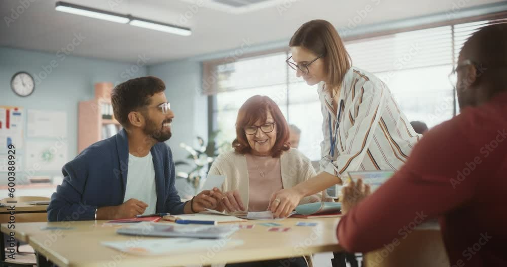 Poster diverse multiethnic young and senior adults having a fun quiz game team assignment, undergoing a wor