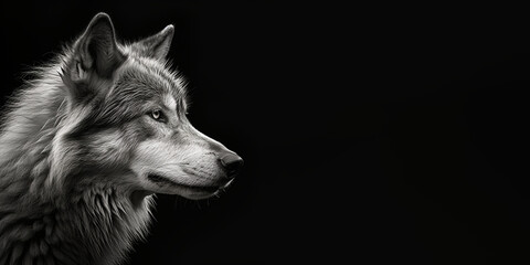 Black and white photorealistic studio portrait of a Wolf on black background