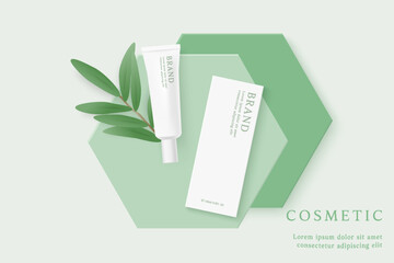Skin care product and package ads template on green background .