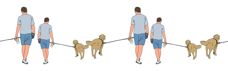Man character with dog border. Flat illustration. Pets, domestic animals border, website design or landing page