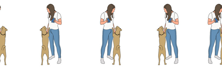 Woman character with dog border. Flat illustration. Pets, domestic animals border, website design or landing page