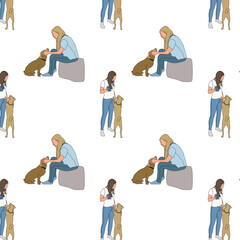 Woman character with dog pattern. Flat illustration. Pets, domestic animals border, website design or landing page