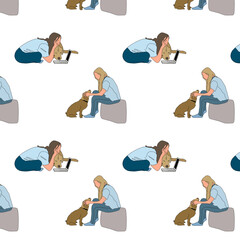 Woman character with dog pattern. Flat illustration. Pets, domestic animals border, website design or landing page