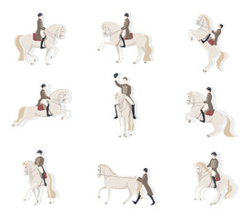Set of riders on a white horses, classic dressage