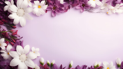 Fototapeta na wymiar White purple pink spring flowers and leaf Border surrounding on a purple rustic Wooden Tabletop, Highlighting the Soft and Selective Elements of Flower Border Art. Generative ai
