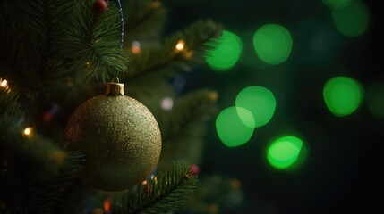 Obraz na płótnie Canvas Green. Close up of christmas balls andchristmas tree. Bokeh garlands on blurred background. Christmas tree and Christmas decorations. Generative ai
