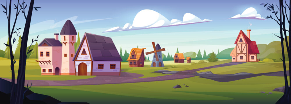 Medieval house in fairy forest village cartoon vector illustration. Kingdom countryside nature landscape with ancient cabin, windmill building, tower and wooden warehouse on grass meadow scene.