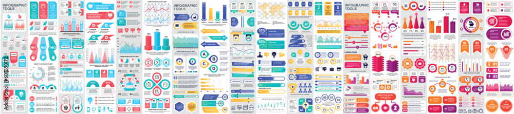 Fototapete Mega set of infographic elements data visualization vector design template. Can be used for steps, options, business process, workflow, diagram, flowchart, timeline, marketing. Bundle info graphics.