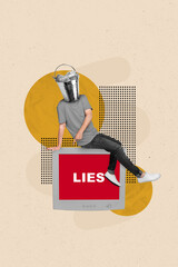 Creative 3d collage picture of head absurd trash bucket television monitor lies wrong information...