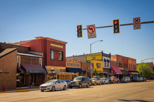 KALISPELL, MONTANA, USA - JULY 5, 2017 : Scenic street view with shops and restaurants in Kalispell. Kalispell is the gateway to Glacier National Park.